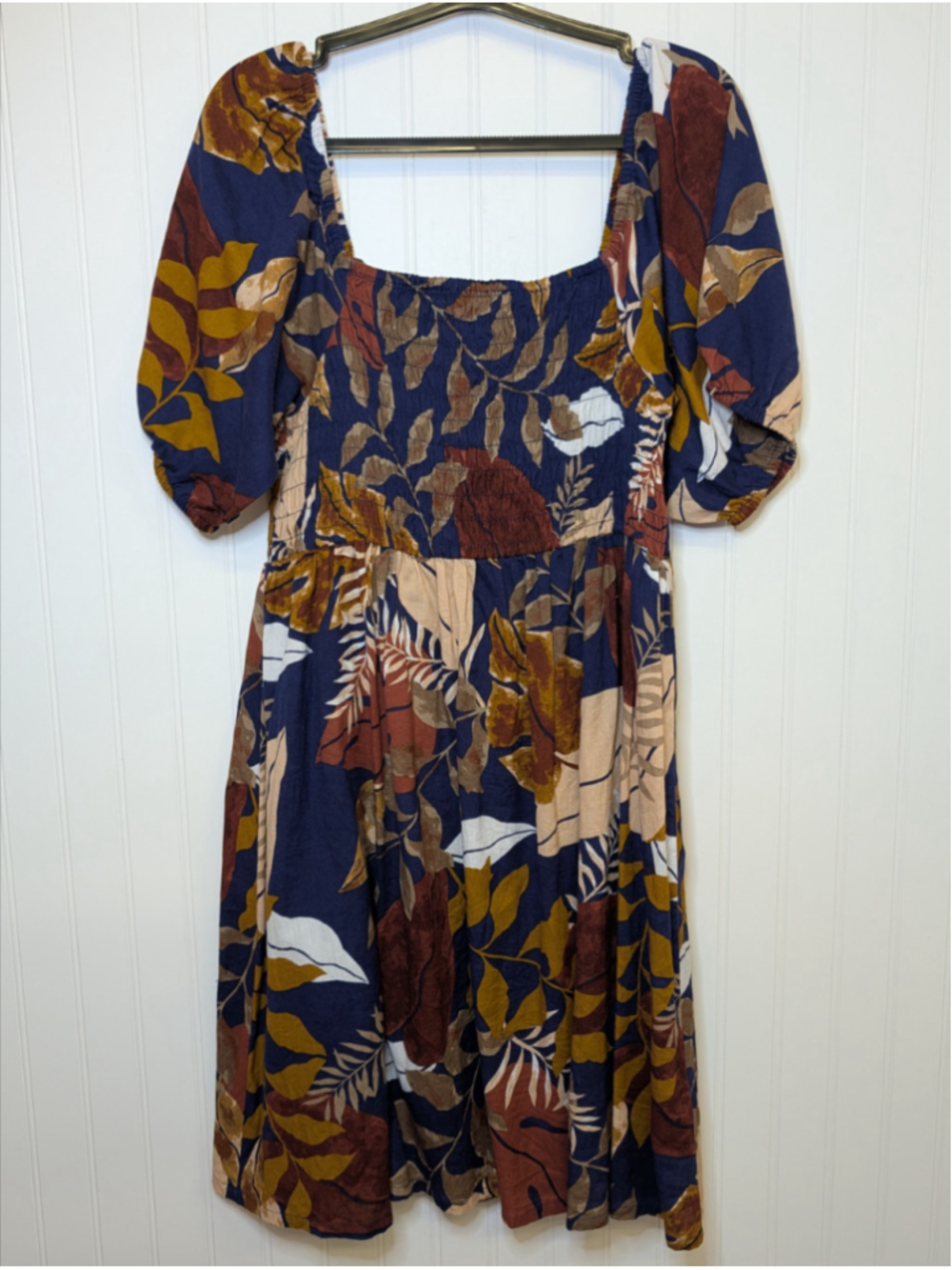 CUPIO Linen Blend Floral Leaf Puff Sleeve Smocked Mini Dress Navy Rust Boho M